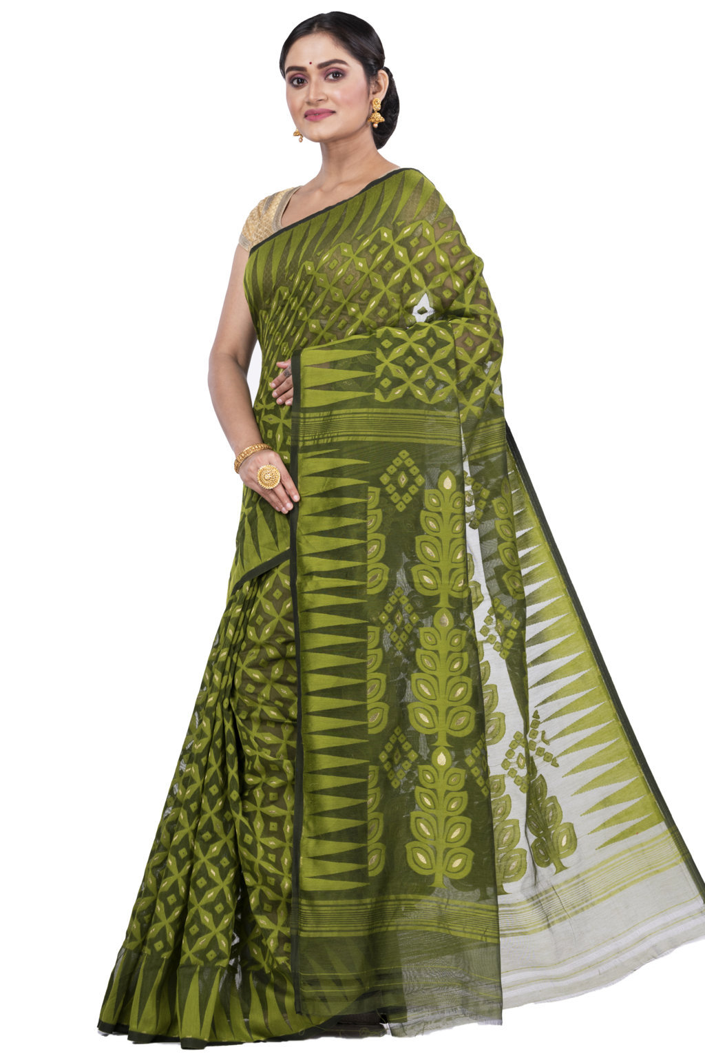 Green Pure Cotton Minakari_Jmdni Jamdani Saree (698)